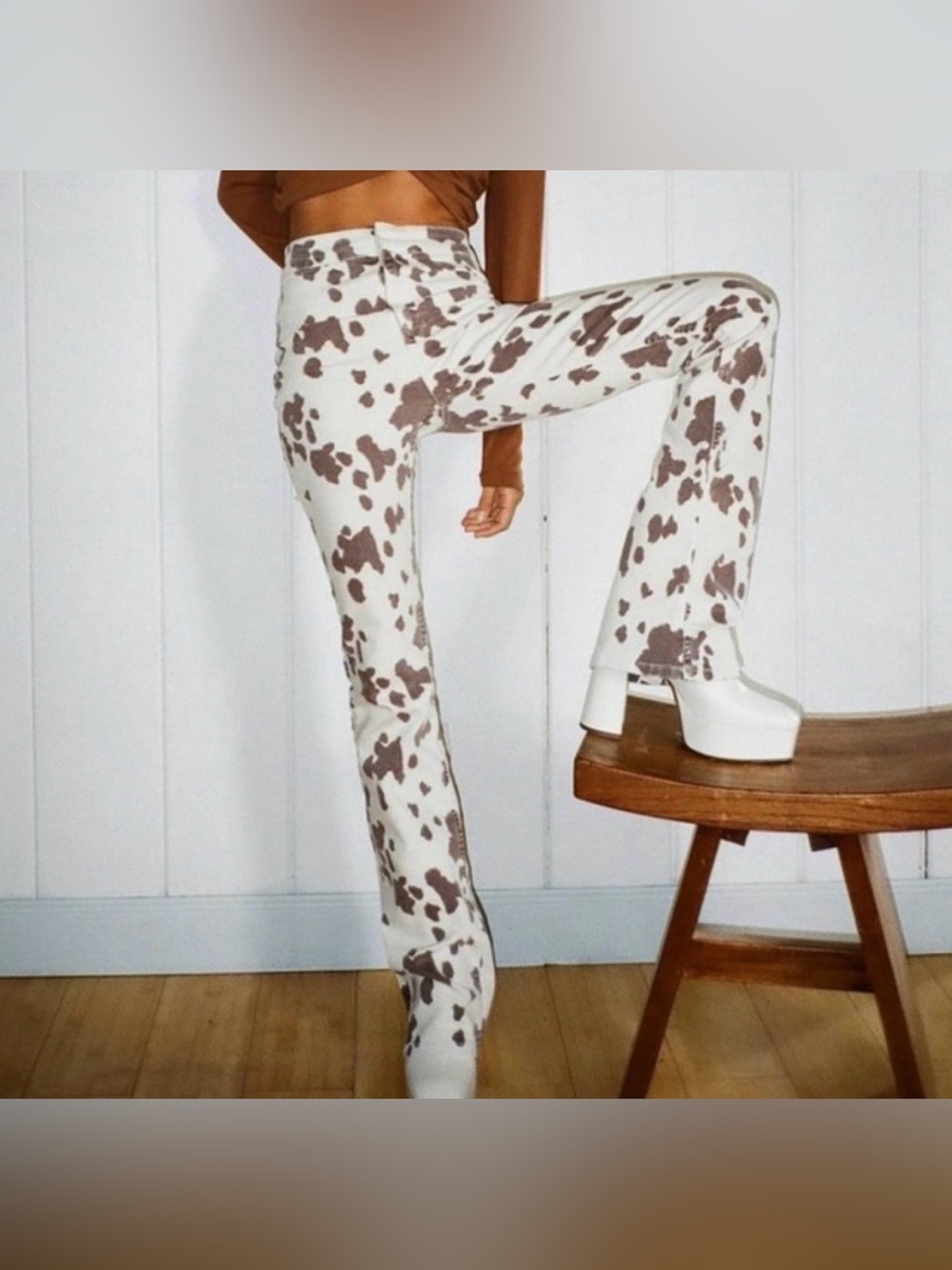 Zara White & Brown Cow-Print Flare Jeans